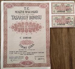 T.C. MALİYE BAKANLIĞI % 6 FAİZLİ NAMA YAZILI TASARRUF BONOSU 20 LİRA BEDELLİ C 108342 SERİ NUMARALI 1963/1973 SENESİ 120 KURUŞ BEDELLİ 2 KUPONLU