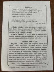 11 AĞUSTOS 2006 - TAKVİM YAPRAĞI - DOĞUM GÜNÜ HEDİYESİ - BÜYÜK SAATLİ MAARİF TAKVİMİ - HZ.MUHAMMED - OKTAY RIFAT - FATİH SULTAN MEHMET AKKOYUNLU BEYLİĞİNİ ORTADAN KALDIRDI - JAPONYA ATILAN 2.ATOM BOMBASI SONRASI TESLİM OLDU