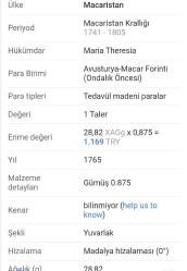 MACARİSTAN 1765 MARIA THERESİA 1 TALER GÜMÜŞ