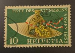 İsviçre Helvetya Pulu - Helvetia Stamp - Postadan Geçmiş Pul Filateli - 1955 Damgalı - Renkli kurdeleler ve Vaud üzümleriyle geleneksel bir hasır şapka Vevey'deki şarap festivali Temalı Pul, 10 PARA - YABANCI PULLAR -NOSTALJİK DOĞUM GÜNÜ HEDİYESİ