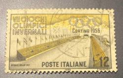 İtalya Pulu - Italy Stamp -  Postadan Geçmiş Pul Filateli - DAMGALI - Snow Stadyumu ve Kristal Dağları'nı, 1956 Kış Olimpiyat Oyunları - Cortina d'Ampezzo temalı pul  , 12 PARA - YABANCI PULLAR -NOSTALJİK DOĞUM GÜNÜ HEDİYESİ
