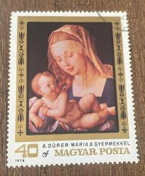 Macaristan Pulu - Magyar Stamp - Postadan Geçmiş Pul Filateli - DAMGALI -Albrecht Durer'in Viyana Kunsthistorisches Müzesi'nden  Bakire ve Çocuk adlı tablosunu gösteren Pul, 40 PARA - YABANCI PULLAR -NOSTALJİK DOĞUM GÜNÜ HEDİYESİ