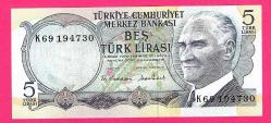 TURKEY 5 Lira ----- PREFIX K69 -----1976 UNC  (TK 18 132) ÇİL