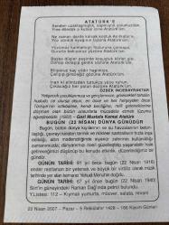 22 NİSAN 2007 - TAKVİM YAPRAĞI - DOĞUM GÜNÜ HEDİYESİ - BÜYÜK SAATLİ MAARİF TAKVİMİ - ÖZBEK İNCEBAYRAKTAR - GAZİ MUSTAFA KEMAL ATATÜRK - BUGÜN DÜNYA GÜNÜ - VİRTİÖZ YEHUDİ MENUHİN'İN DOĞUMU - SİİRT RAMAN DAĞ'INDA PETROL BULUNDU
