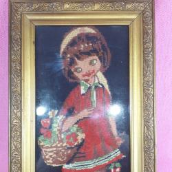 VINTAGE ORJİNAL ÇERÇEVESİNDE ÇİÇEK SATICI KIZ ÇOCUK ELİŞİ GOBLEN TABLO