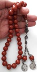 OSMANLI DÖNEMİ OBJEDEN YAPILMA KAHVERENGİ RENKLİ MÜTHİŞ İŞÇİLİKLİ MUHTEŞEM İKİ YEDEK DANELİ GÜMÜŞ PÜSKÜLLÜ SIKMA KEHRİBAR TESPİH R1A1A1A1 ÇOK NADİR