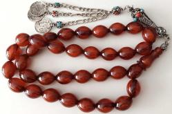 OSMANLI DÖNEMİ MÜCEVHER KUTUSUNDAN YAPILMA BULUTLU ALACA RENKLİ MÜTHİŞ İŞÇİLİKLİ MUHTEŞEM GÜMÜŞ PÜSKÜLLÜ SIKMA KEHRİBAR TESPİH 1W2RR1A ÇOK NADİR