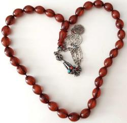 OSMANLI DÖNEMİ MÜCEVHER KUTUSUNDAN YAPILMA BULUTLU ALACA RENKLİ MÜTHİŞ İŞÇİLİKLİ MUHTEŞEM GÜMÜŞ PÜSKÜLLÜ SIKMA KEHRİBAR TESPİH 1W2RR1A ÇOK NADİR