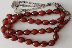 OSMANLI DÖNEMİ MÜCEVHER KUTUSUNDAN YAPILMA BULUTLU ALACA RENKLİ MÜTHİŞ İŞÇİLİKLİ MUHTEŞEM GÜMÜŞ PÜSKÜLLÜ SIKMA KEHRİBAR TESPİH 1W2RR1A ÇOK NADİR