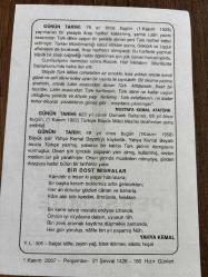 1 KASIM 2007 - TAKVİM YAPRAĞI - DOĞUM GÜNÜ HEDİYESİ - BÜYÜK SAATLİ MAARİF TAKVİMİ - MUSTAFA KEMAL ATATÜRK - SALTANAT SONA ERDİ - ŞAİR YAHYA KEMAL BEYATLI ÖLDÜ - YAHYA KEMAL