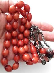 OSMANLI DÖNEMİ OBJEDEN YAPILMA AÇIK KAHVERENGİ MÜTHİŞ İŞÇİLİKLİ YARIM HAVŞALI MUHTEŞEM GÜMÜŞ PÜSKÜLLÜ SIKMA KEHRİBAR TESPİH 2HH1AA1 ÇOK NADİR