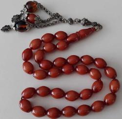 OSMANLI DÖNEMİ OBJEDEN YAPILMA AÇIK KAHVERENGİ MÜTHİŞ İŞÇİLİKLİ YARIM HAVŞALI MUHTEŞEM GÜMÜŞ PÜSKÜLLÜ SIKMA KEHRİBAR TESPİH 2HH1AA1 ÇOK NADİR