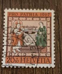 İsviçre Helvetya Pulu - Helvetia Stamp - Postadan Geçmiş Pul Filateli -1987 Damgalı-  İsa'yı ve Kuyu Başındaki Samiriyeli Kadını Gösteren Pul, 20+10 PARA - YABANCI PULLAR -NOSTALJİK DOĞUM GÜNÜ HEDİYESİ