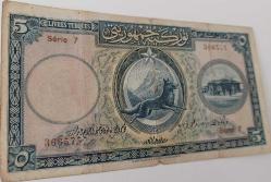 1.EMİSYON 5 LİRA (LİVRE) 1.TERTİP ORİJİNAL KAĞIT PARA NATÜREL SERİE 7 366575 SERİ NOLU ÇOK TEMİZ ÇOK NADİR