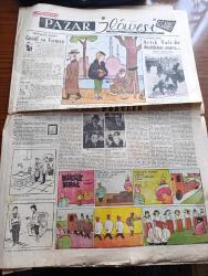 Cumhuriyet Pazar Gazetesi - 14 Şubat 1954 - Hadiselerden İlhamlar Gönül Ve Ferman - Renkli Karikatür - Artık Vali De Düştükten Sonra Yazan Kazım Kip - Haftanın Ansiklopedisi Dörtler - Küçük Kral Çizen O. Soglow - Haftanın Şakaları Yazan Burhan Felek - Tarihten Fıkralar Derleyen Hakkı Ercan - Sinema - Evlenme Boşanma Yıllarında Son Günlerin Yolcuları - Görünme Calvet İle John Bromfield Boşandı İtalyan Yıldız Sylvana Pampanini Yakında Evleniyor Fotoğrafı - Hindistan Ve Pakistan'ı Bir Türk Filminde Seyredeceğiz Fotoğrafı - Uğursuz Satılan Bir Filmin Yıldızı Suzan Ball'in Bacağı Kesildi Fotoğrafı - Cyd Charisse Kız Kovalama Filminin Bir Sahnesinde Fotoğrafı - Ev Kadın Moda Köşesi - Efsaneden Bugüne Yüzüğün Tarihçesi Yazan Zeynel Akkoç - Zihin Sporları - Hikaye Acıma Bahtına Yiğit Yazan Cenap Ozankan - Mavi Tangoyu Çalan Bir Maymunlar Orkestrası Var Yazan Feyyaz Tokar - İster İnan İster İnanma Çizen Ripley - Kuyruksuz Tepkili Uçaklar ve Hususî Otomobil Gibi Tayyareler