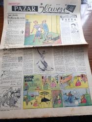 Cumhuriyet Pazar Gazetesi - 21 Kasım 1954 - Yedi Dakika Yazan Doğan Nadi - Renkli Karikatür - Gelişigüzel Yafta Yazan Hamdi Varoğlu - Küçük Kral Çizen O. Soglow -  Haftanın Şakaları Yazan Burhan Felek - Öldürmekten Zevk Alan Bir İmparator Commodus Yazan Mustafa Baydar - Eğlencelik Yazan Haluk Durukal - Hollywood Denen Şu Yalancı Dünyada Sahte ve Takma Daha Neler Var - Ingrid Berman Gülüyor Fotoğrafı - Yeni Bir Greta Garbo Anita Ekberg Fotoğrafı - Yeni Türk Filmleri - Öldüren Sır Filminin Başartistleri Muazzez Arçay Muzaffer Tema Mümtaz Ener Ve Ayten Çankaya Fotoğrafı - Şimal Yıldızı Filminin Bir Sahnesinde Ayhan Işıkla Nurhan Nur Fotoğrafı - Ev Kadın Moda Köşesi - Günde Beş Dakikalık Sabah İdman Hareketleri - Birgün İçinde Farkında Olmadan Neler Yapıyoruz - Ali Ulvi'den Seyahatname - Meşhur Hususi Trenler - Amerika'da Zenciler Beyazlanıyor - Meşhurların Büyük Aşkları Yazan Feyyaz Tokar - İster İnan İster İnanma Çizen Ripley