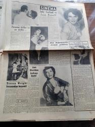 Cumhuriyet Pazar Gazetesi - 21 Aralık 1952 - Hadiselerden İlhamlar Bir Kan Davası - Renkli Karikatür - İstanbul Oyuncak Tufanı Altında Yazanlar Faruk Fenik - Kat Mülkiyeti Ve Faydalarıyla Mahzurları - Haftanın Şakaları Yazan Burhan Felek - Arabistan Asrileşiyor - Münevver Coşkunla Mahir Özerdem Deli Filminde Fotoğraf - Parlak Zafer Filminin Kötü Kalpli Yıldızı Julia Adams Fotoğrafı - En Sevdiğim Rol Settar Körmükçü Anlatıyor Fotoğraf - Ann Sheridan'ın Son Resimlerinden Biri - Delideki Dans Sahnelerinin Yıldızı Annie Bal Fotoğrafı - 1953 Yılbaşı Hazırlıkları - Kadın Ev Moda Köşesi - Boş Vaktinizi Hoş Geçirmek İçin Eğlence Köşesi - Kadın Katiller 3 Yazan Feyyaz Tokar - Bir Mecmuanın Hikayesi Yazan Metin Ergin - Nezleye Çare Bulmak İçin Yeni Denemelerde Girişiliyor - Gisele Pascal Ve Uğruna Tahtını Feda Edecek Olan Prens Rainieri