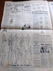 Cumhuriyet Pazar Gazetesi - 9 Ocak 1955 - Renkli Karikatür - Gelişigüzel Uçan Daireler Yazan Hamdi Varoğlu - Sanat Haftası Yazan Selmi Andak - Monique De La Bruchollerie Fotoğrafı - Küçük Kral Çizen O. Soglow - Haftanın Şakaları Yazan Burhan Felek - Eğlencelik Köşesi - Dikiş Makineleri - Şimdiye Kadar İstanbul'a Gelen Meşhur Sinema Yıldızları Kimlerdir Yazan Cem Atabeyoğlu - Attila'ya Dair Bir Filmde Ludmilla Tcherina Rol Aldı Fotoğraf - Alan Ladd'in Şöhreti Tehlikede Mi - Alan Ladd ve Rol Arkadaşı Patricia Medina Fotoğrafı - Ev Kadın Moda Köşesi - Hikaye Hacının Saati Yazan Yaşar Kemal - Ankara'da Perde Arkası Yazan Feyyaz Tokar - Ankara'nın En Hareketli Yeri Olan Ankara Palas Müdürü Levi General Montgomery'i Karşılarken Fotoğrafı - Louis Charles'in Ölümü Yazan Cenap Ozankan - Akdeniz'in 2500 Metre Derinliğinde - Dünya Salma Rekorunu 4500 Metre İle Elinde Tutan Hovet Çalışan Hazırlanıyor Fotoğraf - Geçen Yılın 4 Kraliçesi Esmerlerden Seçilmişti Fotoğrafı - İster İnan İster İnanma
