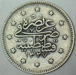 V. MEHMED REŞAD GÜMÜŞ 2 KURUŞ 1327/3. KOSTANTİNİYYE DARBI.  OSMANLI İMPARATORLUĞU.