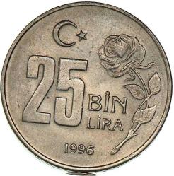 Türkiye Cumhuriyeti  1996 Yılı 25 Bin Lira Turaya Göre Ters 8255