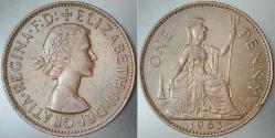 BİRLEŞİK KRALLIK 1 PENNY 1963. KRALİÇE II. ELİZABETH GENÇ BÜST. 31 mm. İNGİLTERE.