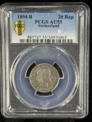 PCGS AU55 – 1894 İsviçre 20 Rappen | QR Kodlu Sertifikalı Orijinal Koleksiyon Parası