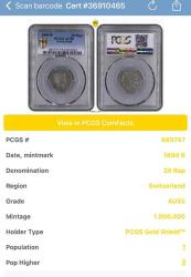 PCGS AU55 – 1894 İsviçre 20 Rappen | QR Kodlu Sertifikalı Orijinal Koleksiyon Parası