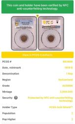 PCGS AU58 – 1919 B İsviçre 1 Rap Sertifikalı | NFC Çipli Özel Koleksiyon Parası