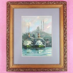 İSTANBUL HALİÇ , CAMİ VE ŞEHİR HATLARI VAPURLARI TEMALI , ALTIN YALDIZ AHŞAP ÇERÇEVELİ , İMZALI YAĞLIBOYA RESİM