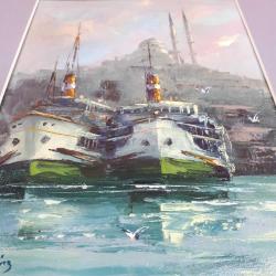 İSTANBUL HALİÇ , CAMİ VE ŞEHİR HATLARI VAPURLARI TEMALI , ALTIN YALDIZ AHŞAP ÇERÇEVELİ , İMZALI YAĞLIBOYA RESİM