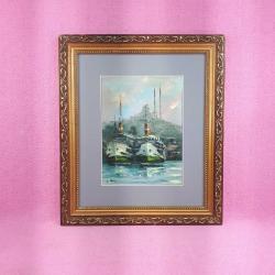 İSTANBUL HALİÇ , CAMİ VE ŞEHİR HATLARI VAPURLARI TEMALI , ALTIN YALDIZ AHŞAP ÇERÇEVELİ , İMZALI YAĞLIBOYA RESİM