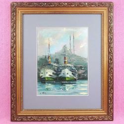 İSTANBUL HALİÇ , CAMİ VE ŞEHİR HATLARI VAPURLARI TEMALI , ALTIN YALDIZ AHŞAP ÇERÇEVELİ , İMZALI YAĞLIBOYA RESİM