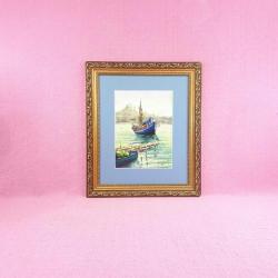 İSTANBUL HALİÇ VE KUM TEKNESİ TEMALI , ALTIN YALDIZ AHŞAP ÇERÇEVELİ , İMZALI YAĞLIBOYA RESİM