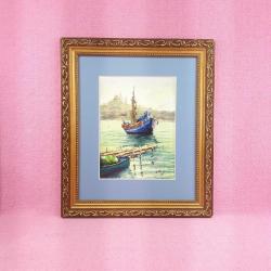 İSTANBUL HALİÇ VE KUM TEKNESİ TEMALI , ALTIN YALDIZ AHŞAP ÇERÇEVELİ , İMZALI YAĞLIBOYA RESİM