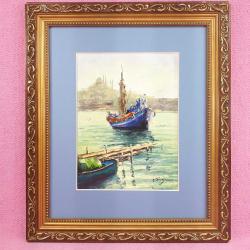 İSTANBUL HALİÇ VE KUM TEKNESİ TEMALI , ALTIN YALDIZ AHŞAP ÇERÇEVELİ , İMZALI YAĞLIBOYA RESİM