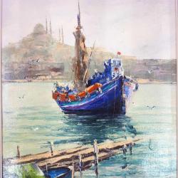 İSTANBUL HALİÇ VE KUM TEKNESİ TEMALI , ALTIN YALDIZ AHŞAP ÇERÇEVELİ , İMZALI YAĞLIBOYA RESİM