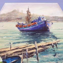 İSTANBUL HALİÇ VE KUM TEKNESİ TEMALI , ALTIN YALDIZ AHŞAP ÇERÇEVELİ , İMZALI YAĞLIBOYA RESİM