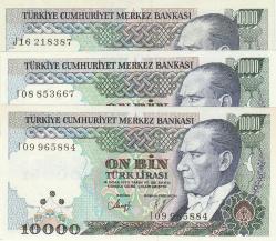 TC, 7. Emisyon 4. Tertip 10.000 TL.  I08-I09-J16 Serileri (Karışık Kondisyon) 2 Adet (ÇA) ve 1 Adet (ÇİL) Toplam 3 Adet.