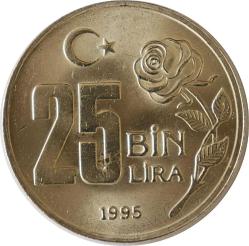 Türkiye Cumhuriyet 1995 Yılı  25 Bin  Lira Turaya Göre Düz Ters  (9271) Lekeli
