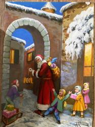 Yılbaşı temalı Çocuklara hediye veren noel baba görselli Rumca Yazılı Yunanistan Kartpostal 15x10 ebatında