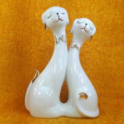 VINTAGE AVRUPA CHAORENCIYI ALTIN YALDIZ EL DEKORLU ÇİFT FİGÜRLÜ KÖPEK PORSELEN BİBLO