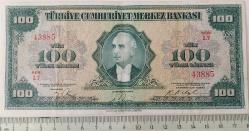 4.EMİSYON 1.TERTİP 100 YÜZ TÜRK LİRASI SERİ L7 43885 NATÜREL KAĞIT PARA ÇOK NADİRDİR