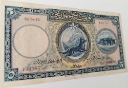 1.EMİSYON 5 LİRA (LİVRE) 1.TERTİP ORİJİNAL KAĞIT PARA NATÜREL SERİE 13 466787 SERİ NOLU ÇOK ÇOK TEMİZ ÇOK NADİR