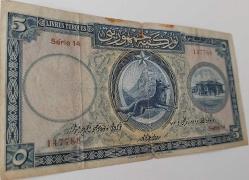1.EMİSYON 5 LİRA (LİVRE) 1.TERTİP ORİJİNAL KAĞIT PARA NATÜREL SERİE 14 147788 SERİ NOLU ÇOK TEMİZ ÇOK NADİR