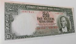 2.EMİSYON 1.TERTİP 2,5 İKİ BUÇUK (2½) TÜRK LİRASI SERİ B23 126198 NOLU NATÜREL ÇİLALTI KAĞIT PARA EN NADİRİ