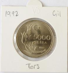 Türkiye Cumhuriyet 1992 Yılı 5000  Lira Turaya Göre Ters ( 9296)