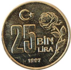 Türkiye Cumhuriyeti  1997 Yılı 25 Bin Lira  - Kenar Yazısı Turaya Göre Düz   (9337)