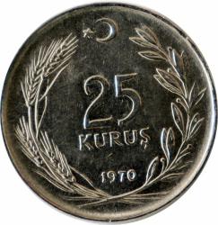 Türkiye Cumhuriyet 1970 Yılı 25 Kuruş  -  Kenar Yazısı Turaya Göre Ters  (9357)