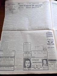 Cumhuriyet Gazetesi - 1 Eylül 1943 - Mükemmel Bir Avrupalı Arıyorum Yazan Nadir Nadi Başmakale - Milli Şef Orduya Güvenini Bildirdi - Mareşal Fevzi Çakmak'ın Verdiği Cevap - Cenubi İtalya'ya Bir Çıkarma Denemesi Fotoğraf - Roma Mektubu Faşizm Bir Gecede Nasıl Devrildi - Şark Cephesinden Resimler - Kızılordunun Taarruzu Umumî Bir Şekil Aldı - Galatasaray'ın 75. Yılı Bugün Büyük Törenle Kutlanıyor - Başvekil Şükrü Saracoğlu Ödemiş'te - Danimarka'da Kral Nazırlar Ve Subaylar Mevkufmuş - Mualla Gökçay Ve Müzeyyen Senar Işıl Tepebaşı Belediye Bahçesinde - Kilyos Açıklarında Bir Alman Şilebi Battı - İsmail Dümbüllü Temsilleri Beyazıt Lale Bahçesinde - Topuzun Kısmeti Yazan Mahmut Yesari Yazı Dizisi - Ramazan Yazan Burhan Felek Köşe Yazısı - Kıymetli Bir Muallimi Memduh Yazıcıyı Kaybettik - Münir Nurettin Selçuk Ve Arkadaşları Kızkulesi Salacak Plaj Gazinosunda - Müzeyyen Senar'ın Son Konseri Gedikpaşa Azak Bahçesinde
