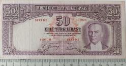 2.EMİSYON 1.TERTİP 50 TÜRK LİRASI SERİ D2 16008 SERİ NOLU KAĞIT PARA ÇOK ÇOK TEMİZ KATALOK DEĞERİ;5000 DOLAR ÇOK ÇOK NADİR